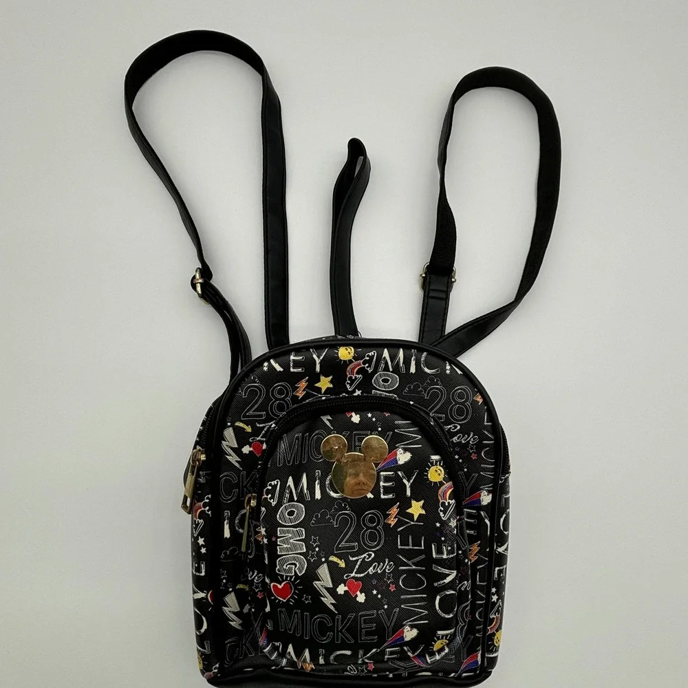 Disney Mickey Mouse Mini Backpack Black Gold‎ Lettering Pattern Print Cute